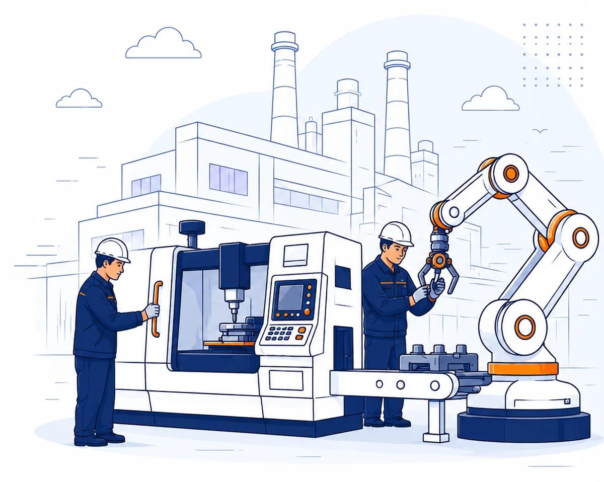 Factory workers operating a CNC machine and robotic arm in a modern manufacturing facility